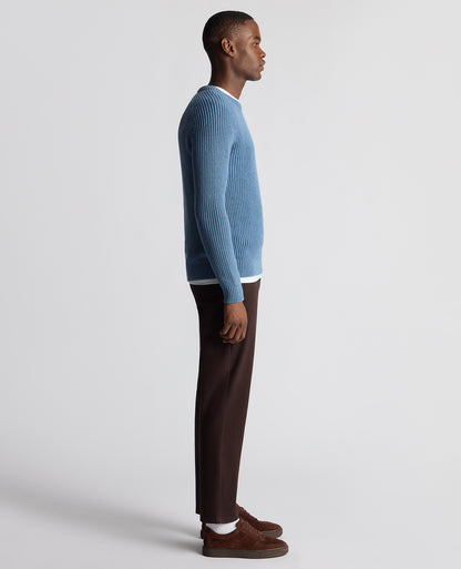 Man wearing a blue Tapered Fit Cotton Crew Neck