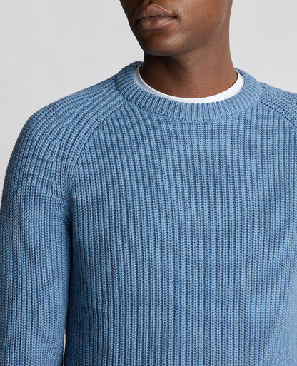 Man wearing a blue Tapered Fit Cotton Crew Neck