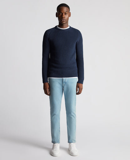 Man wearing a blue Tapered Fit Chunky Knit Sweater