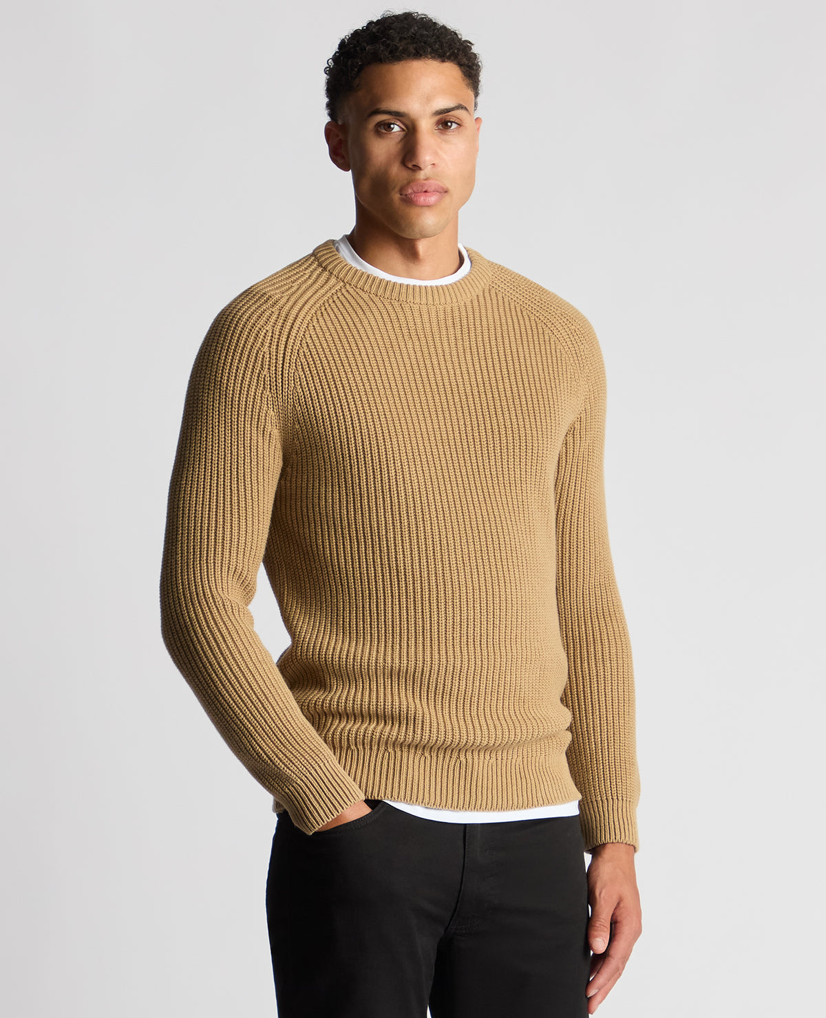 Man wearing a sand Tapered Fit Chunky Knit Sweater