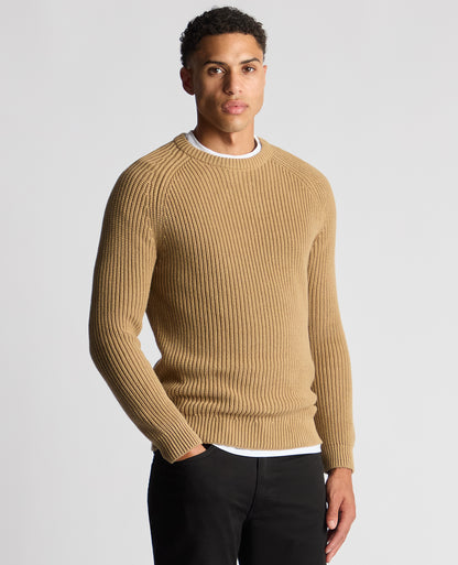 Man wearing a sand Tapered Fit Chunky Knit Sweater