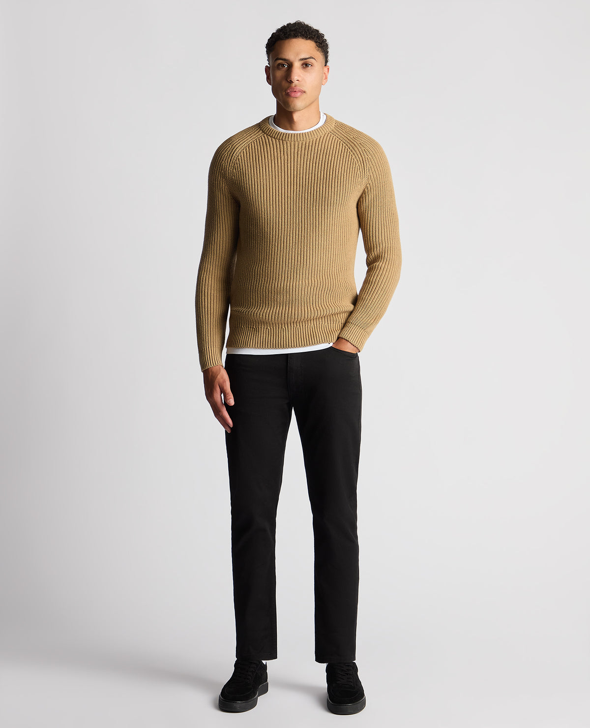 Man wearing a sand Tapered Fit Chunky Knit Sweater