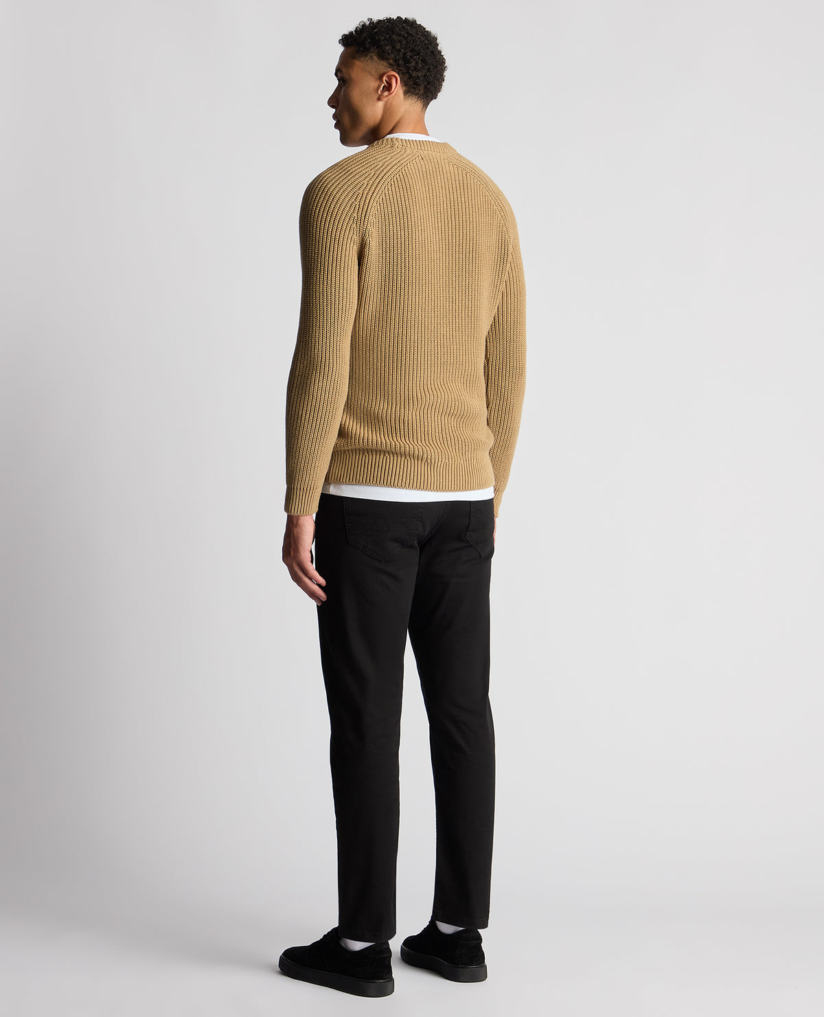 Man wearing a sand Tapered Fit Chunky Knit Sweater