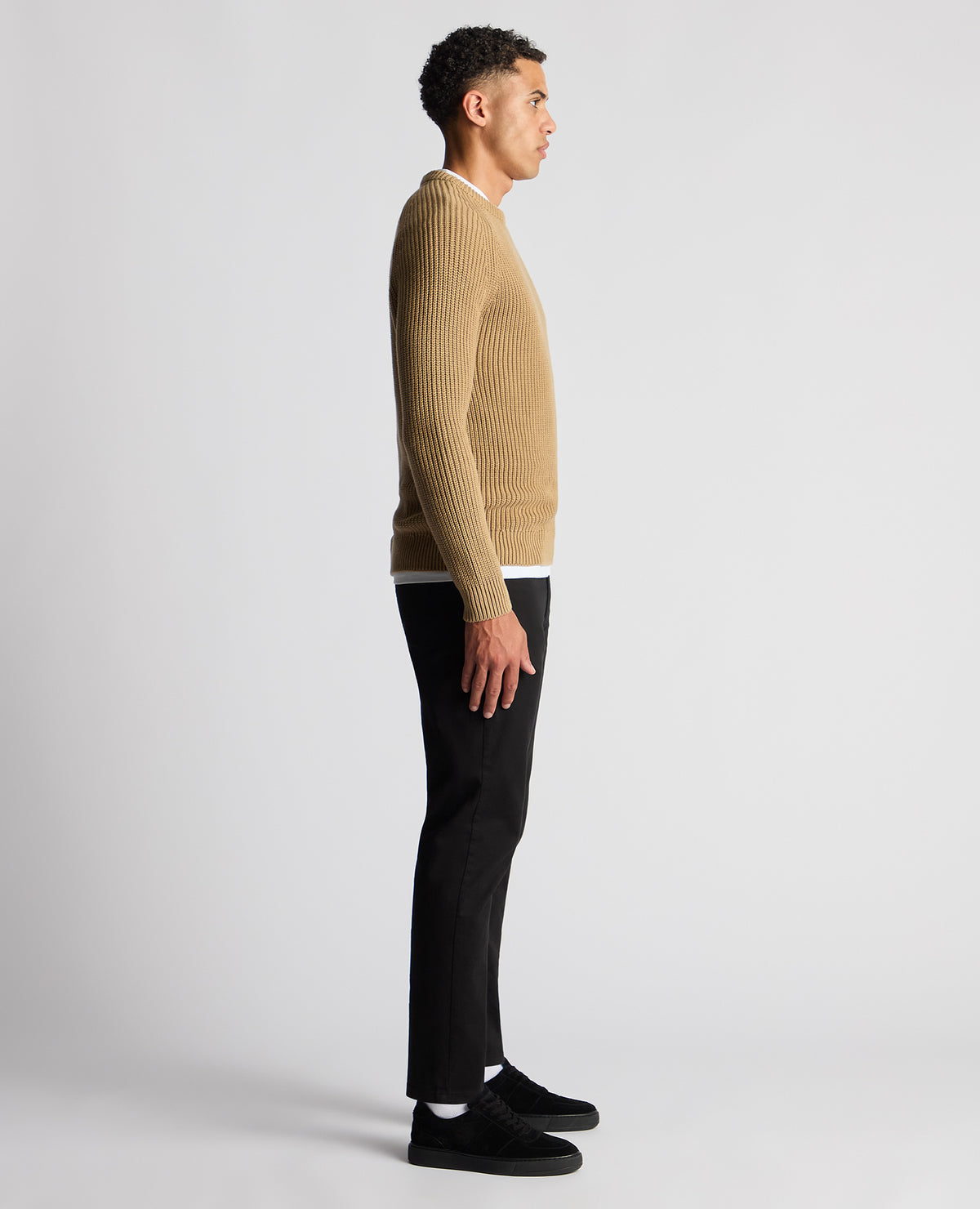 Man wearing a sand Tapered Fit Chunky Knit Sweater