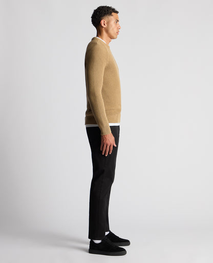 Man wearing a sand Tapered Fit Chunky Knit Sweater