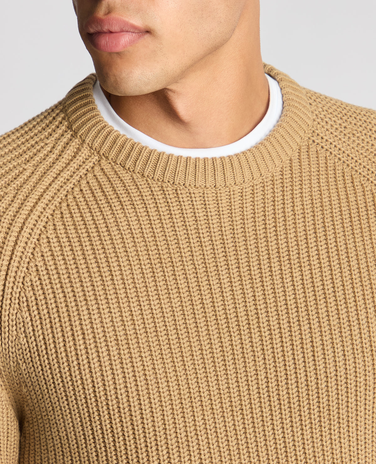 Man wearing a sand Tapered Fit Chunky Knit Sweater