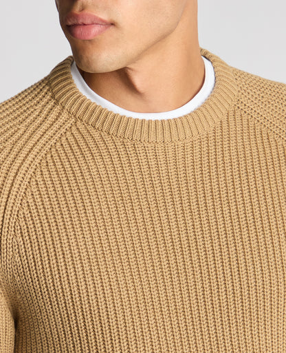 Man wearing a sand Tapered Fit Chunky Knit Sweater