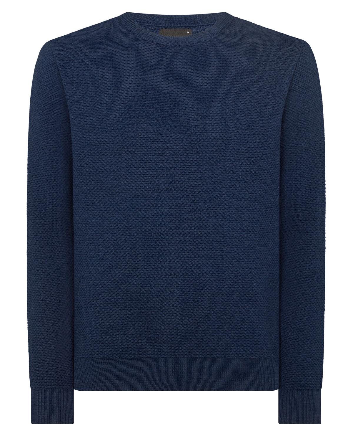 Man wearing a blue Tapered Fit Merino Wool-Blend Sweater