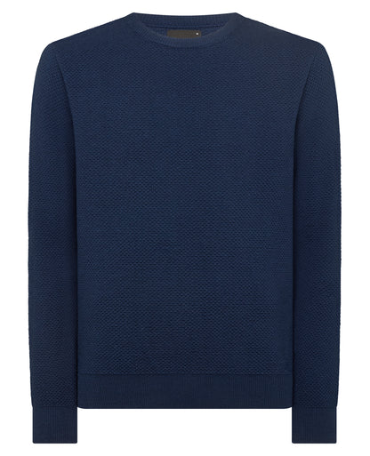 Man wearing a blue Tapered Fit Merino Wool-Blend Sweater