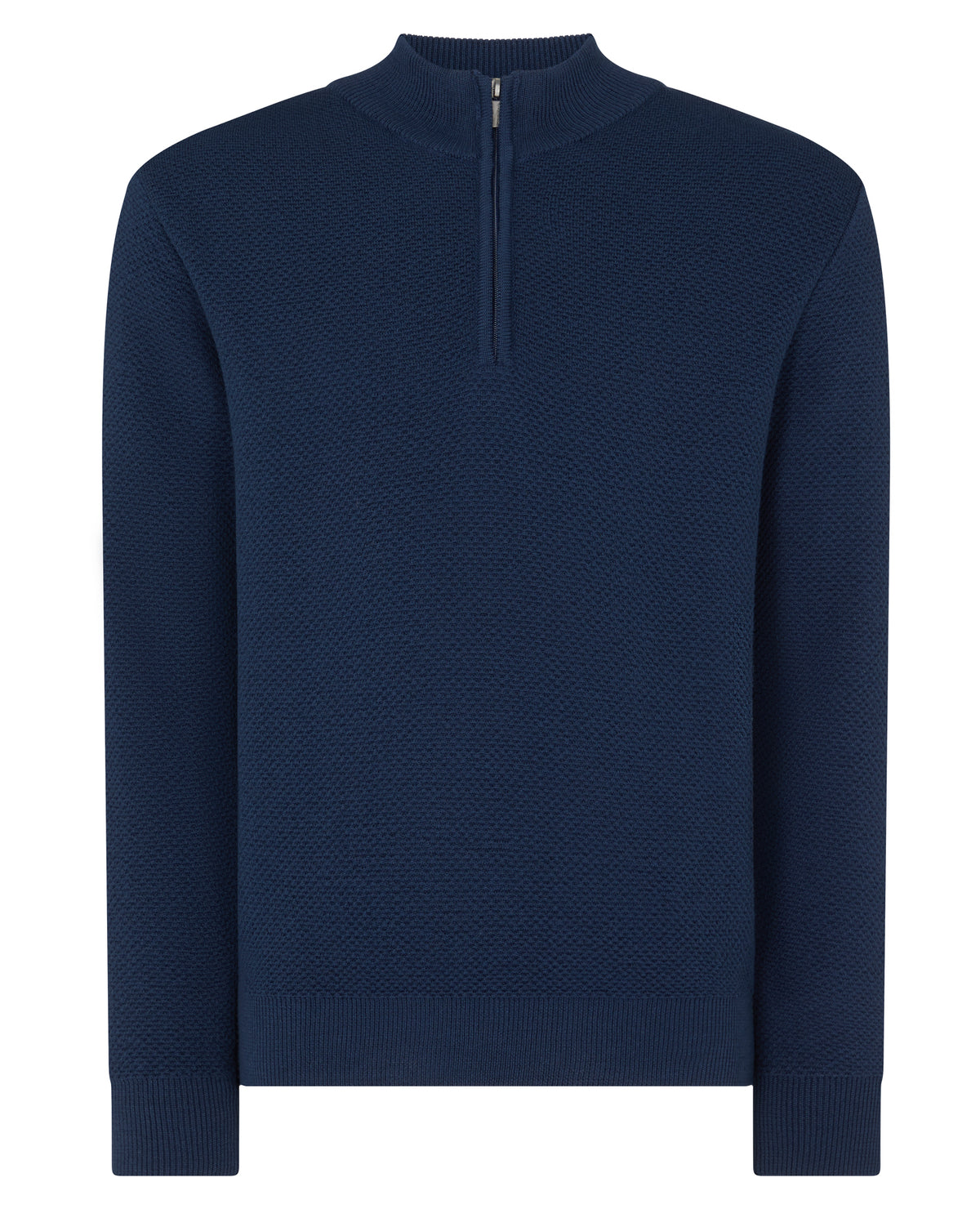 Man wearing a blue Tapered Fit Merino Half Zip Sweater