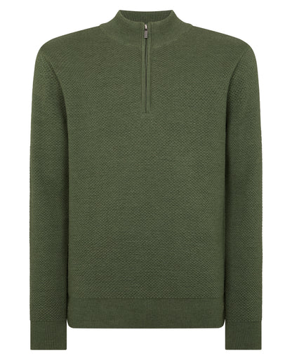 Man wearing a green Tapered Fit Merino Half Zip Sweater