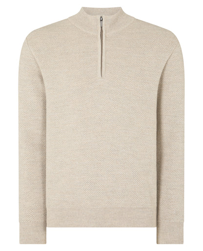 Man wearing a sand Tapered Fit Merino Half Zip Sweater