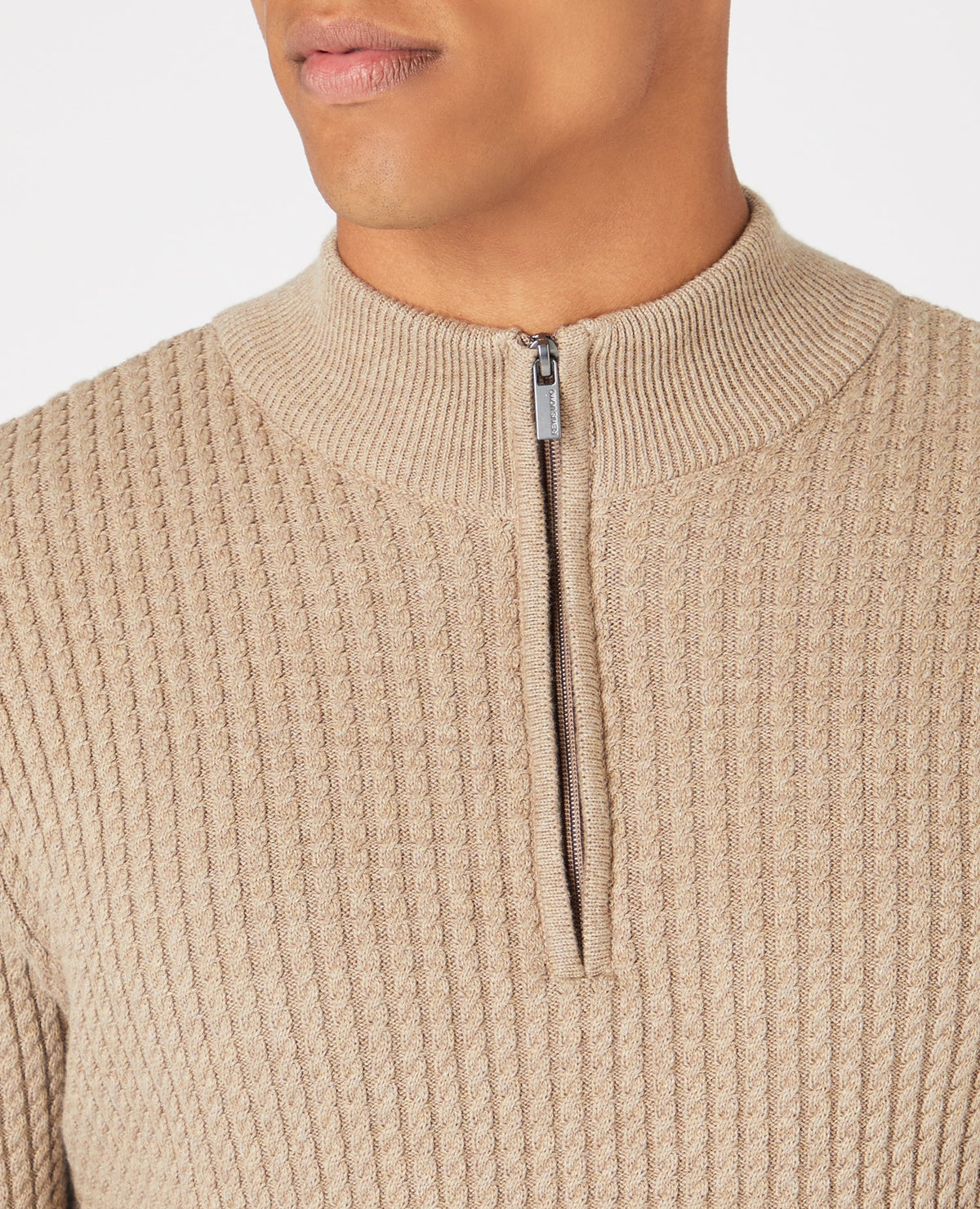 Man wearing a brown Tapered Fit Cotton Half Zip Sweater