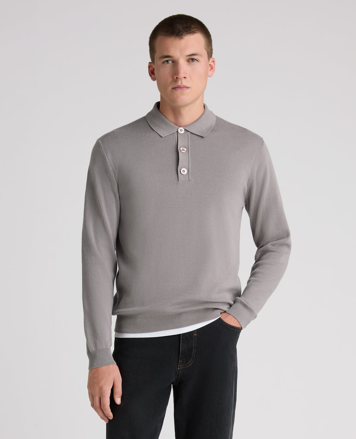 Grey Button Up Cotton Knit Polo