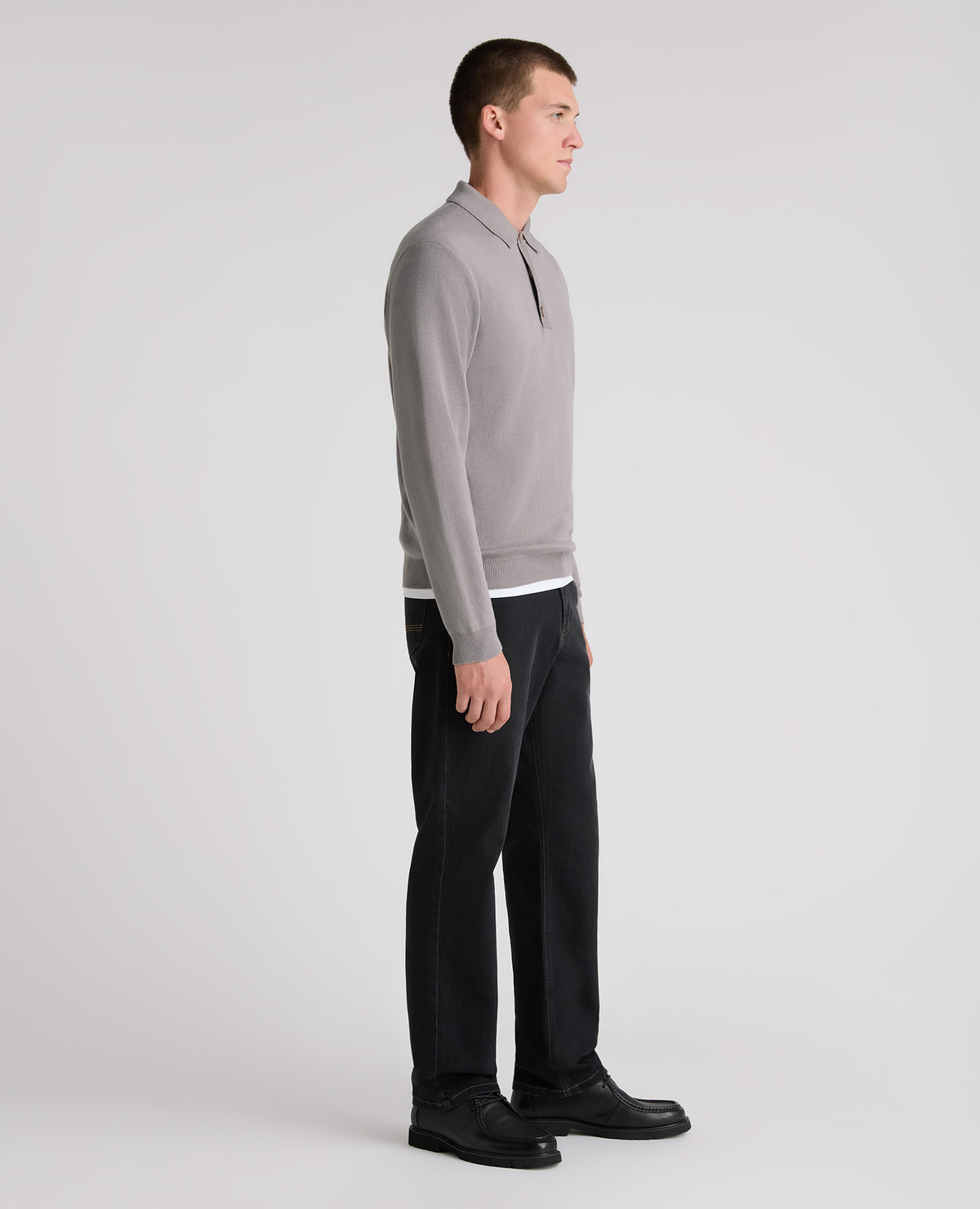 Grey Button Up Cotton Knit Polo
