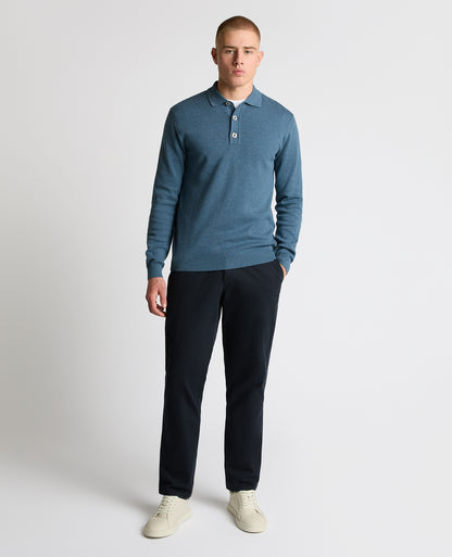 Man wearing a blue Long Sleeve Cotton Knit Polo