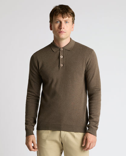 Man wearing a brown Long Sleeve Cotton Knit Polo