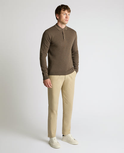 Man wearing a brown Long Sleeve Cotton Knit Polo