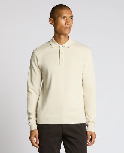 Man wearing a sand Long Sleeve Cotton Knit Polo