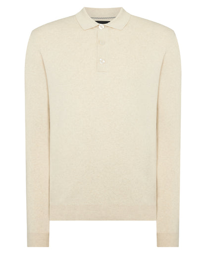 Man wearing a sand Long Sleeve Cotton Knit Polo