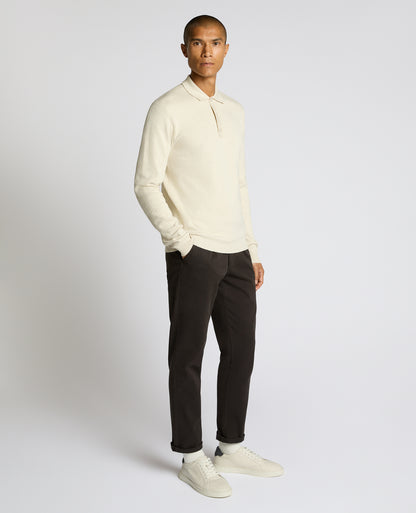 Man wearing a sand Long Sleeve Cotton Knit Polo