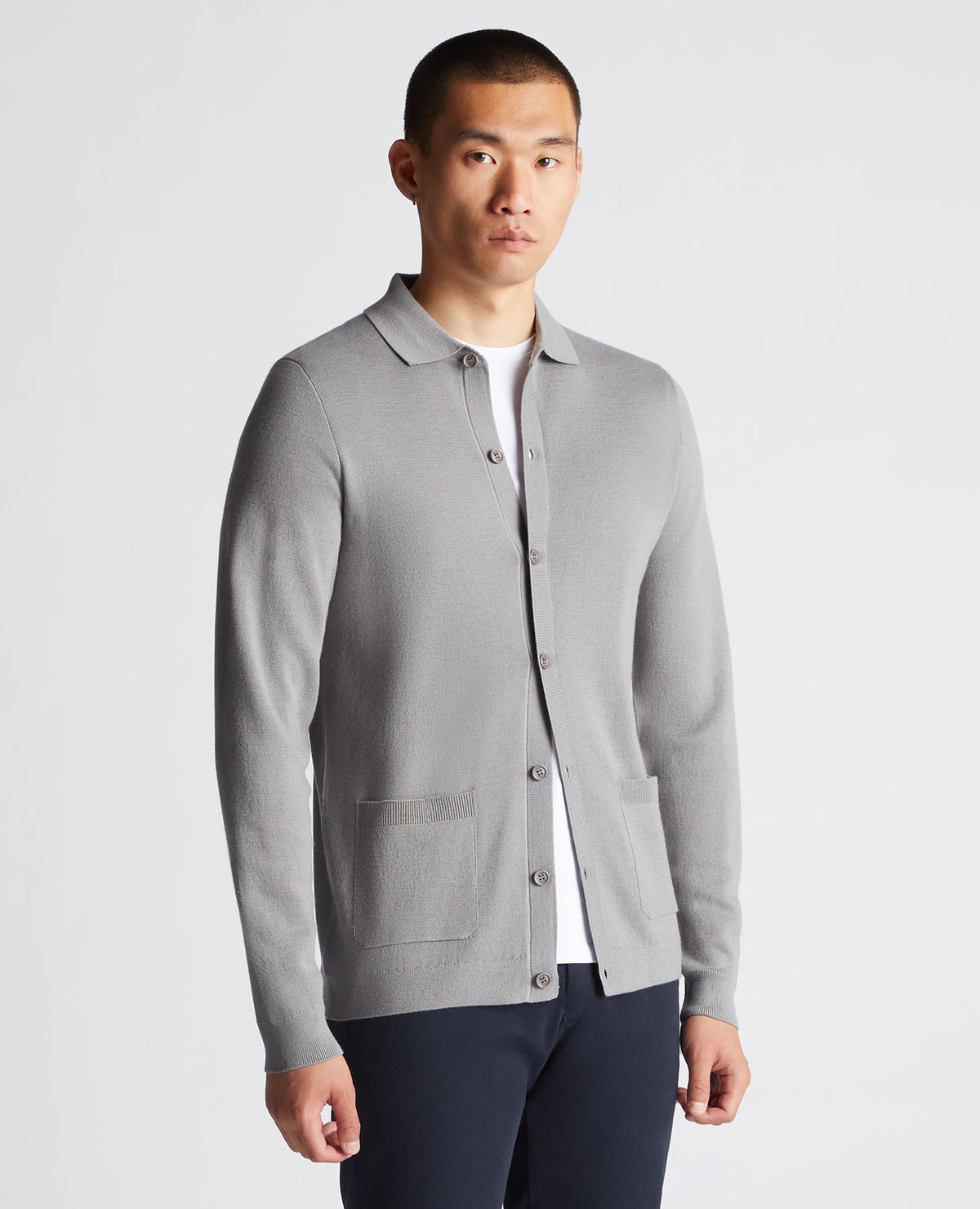 Man wearing a grey Slim Fit Long Sleeve Cardigan
