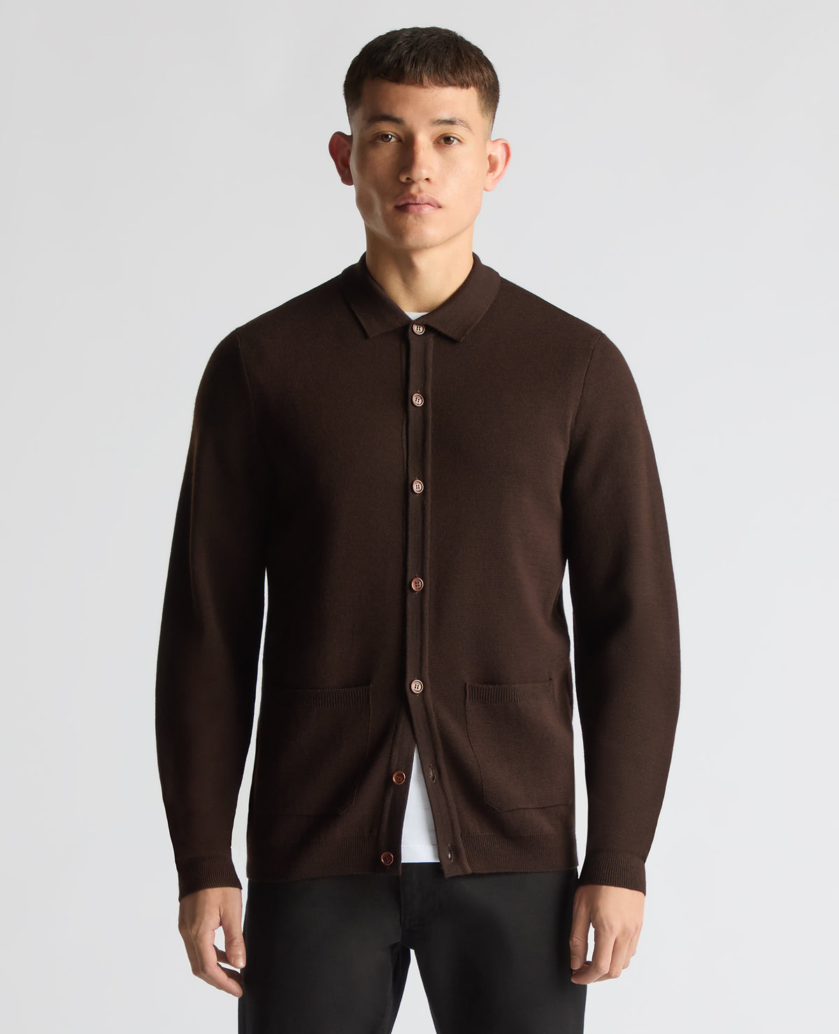 Man wearing a brown Tapered Fit Fit Long Sleeve Cardigan