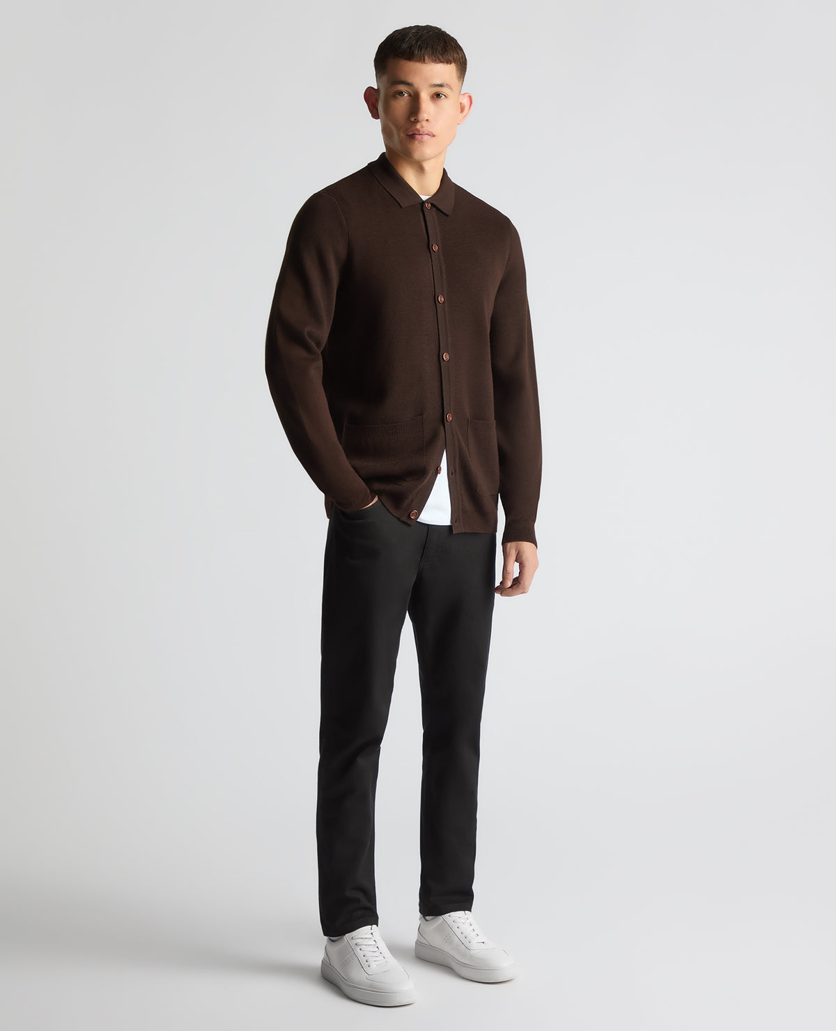 Man wearing a brown Tapered Fit Fit Long Sleeve Cardigan