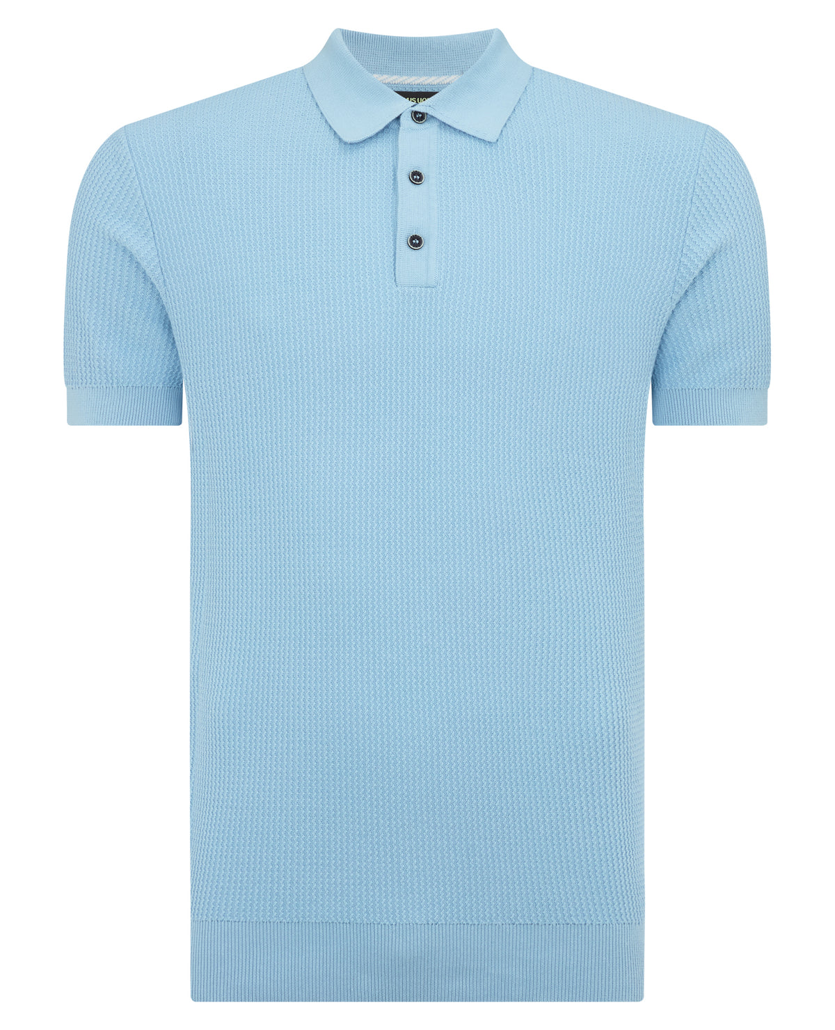 Man wearing a blue Slim Fit Cotton Interest Fabric Polo Shirt