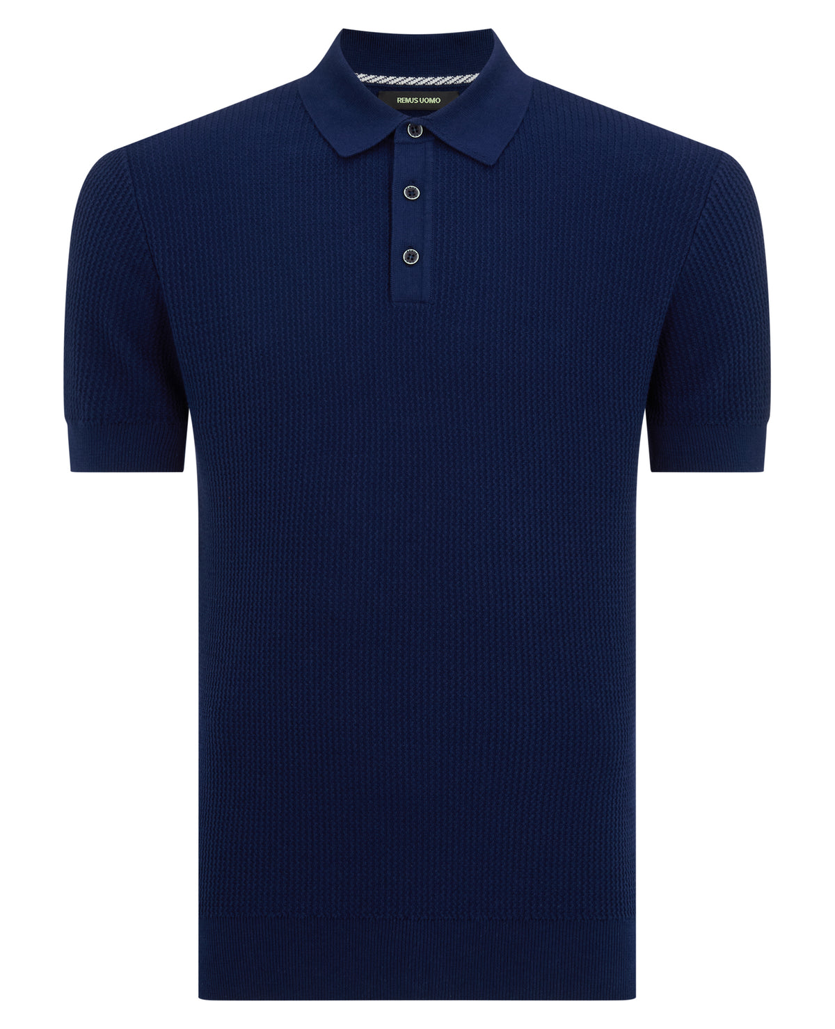 Man wearing a blue Slim Fit Cotton Interest Fabric Polo Shirt