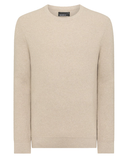 Man wearing a sand Tapered Fit Cotton Crew Neck Sweater