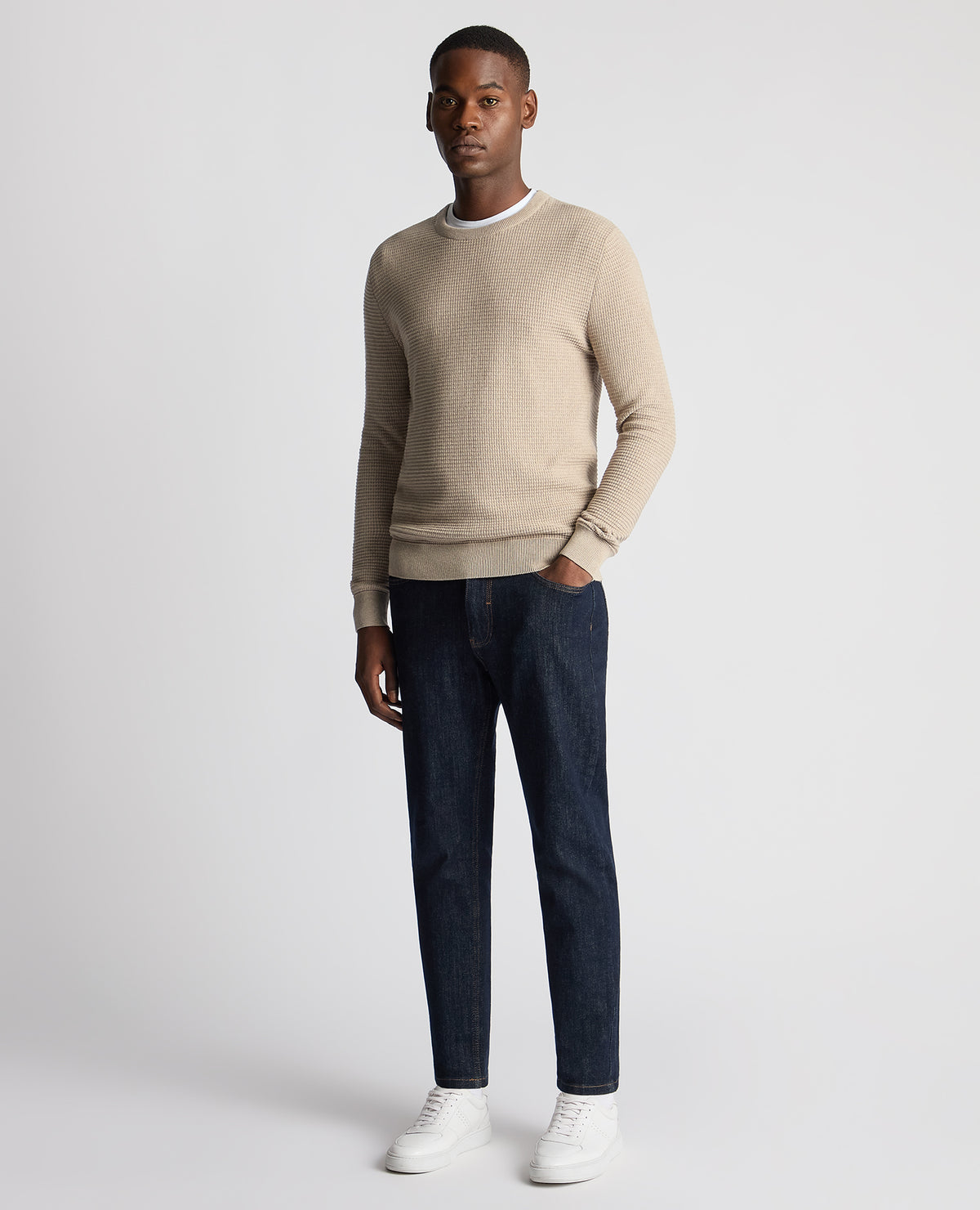 Man wearing a sand Tapered Fit Cotton Crew Neck Sweater