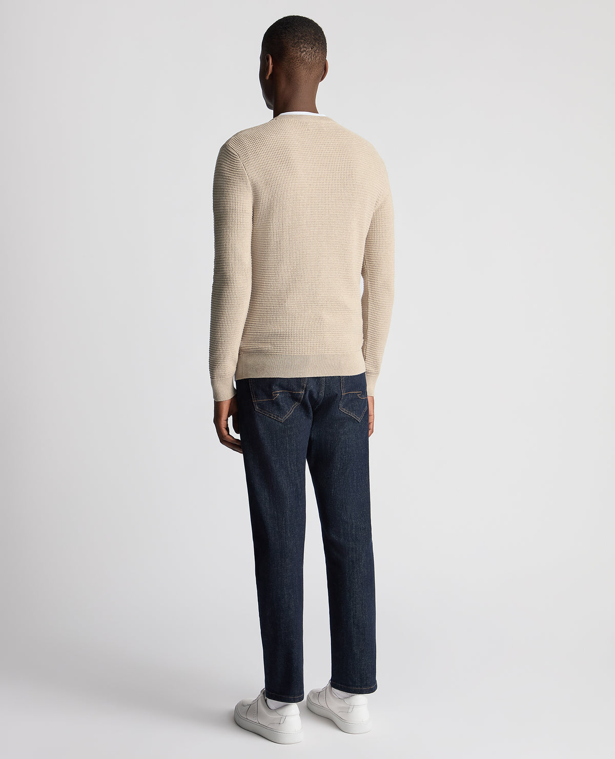 Man wearing a sand Tapered Fit Cotton Crew Neck Sweater