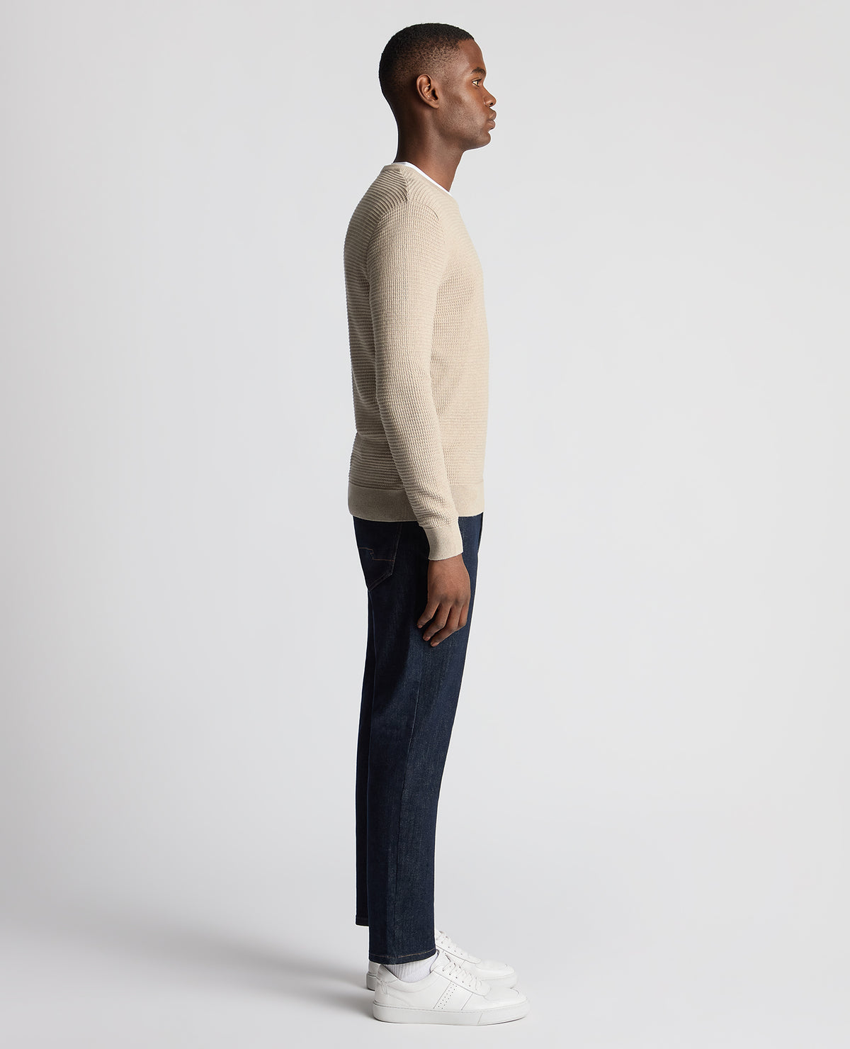 Man wearing a sand Tapered Fit Cotton Crew Neck Sweater