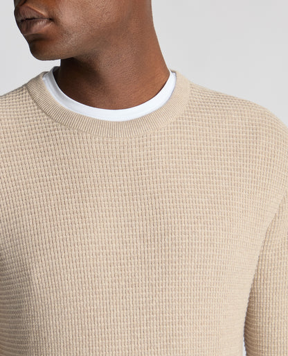 Man wearing a sand Tapered Fit Cotton Crew Neck Sweater