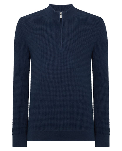 Man wearing a blue Tapered Fit Cotton Half Zip Sweater