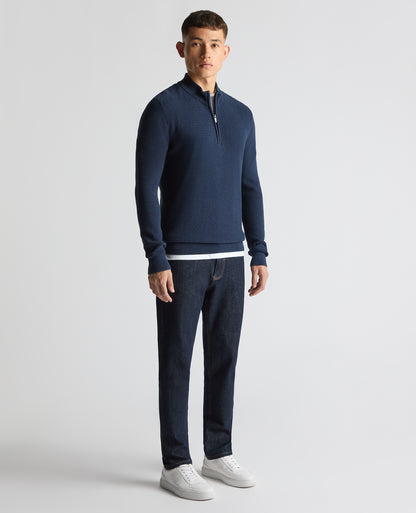 Man wearing a blue Tapered Fit Cotton Half Zip Sweater