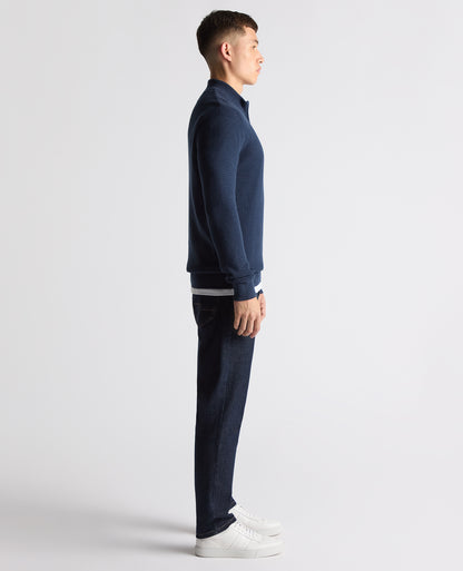 Man wearing a blue Tapered Fit Cotton Half Zip Sweater