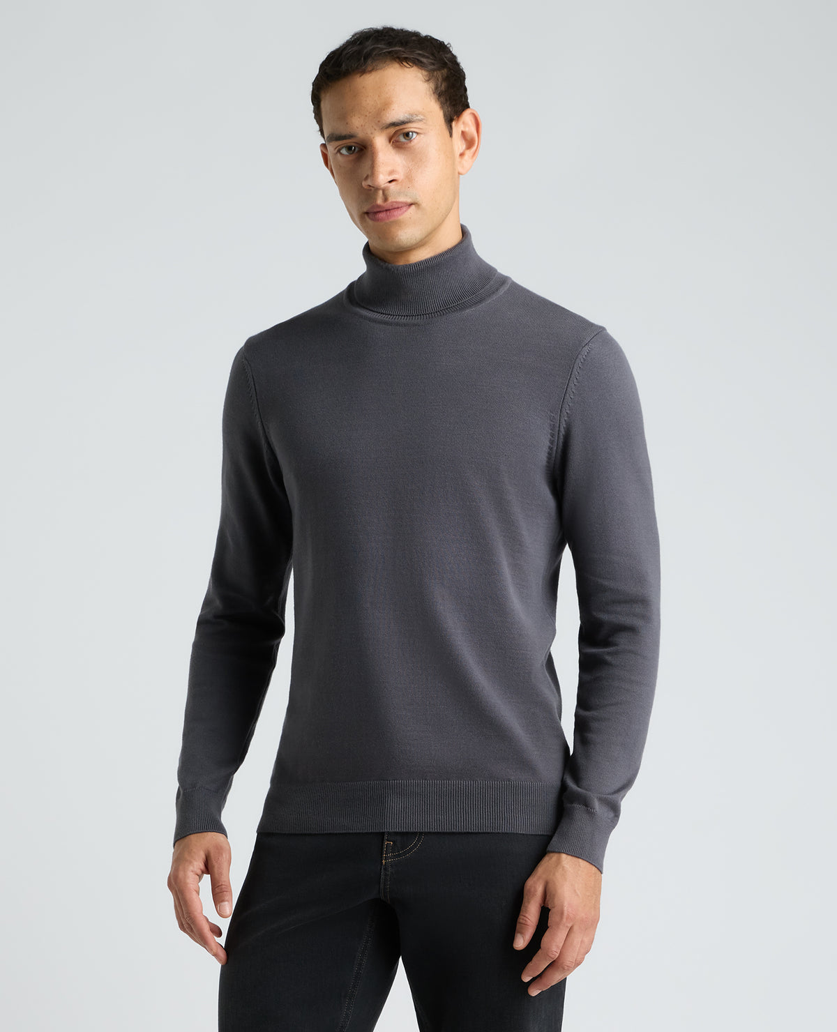 Dark Grey Roll Neck Ribbed Cotton Jumper