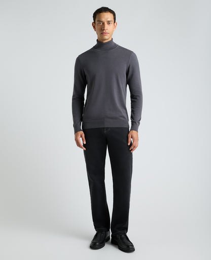 Dark Grey Roll Neck Ribbed Cotton Jumper