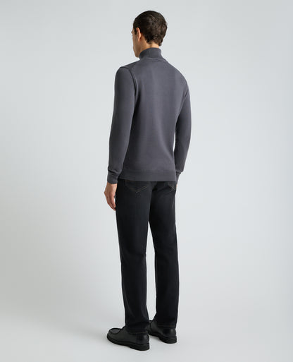 Dark Grey Roll Neck Ribbed Cotton Jumper