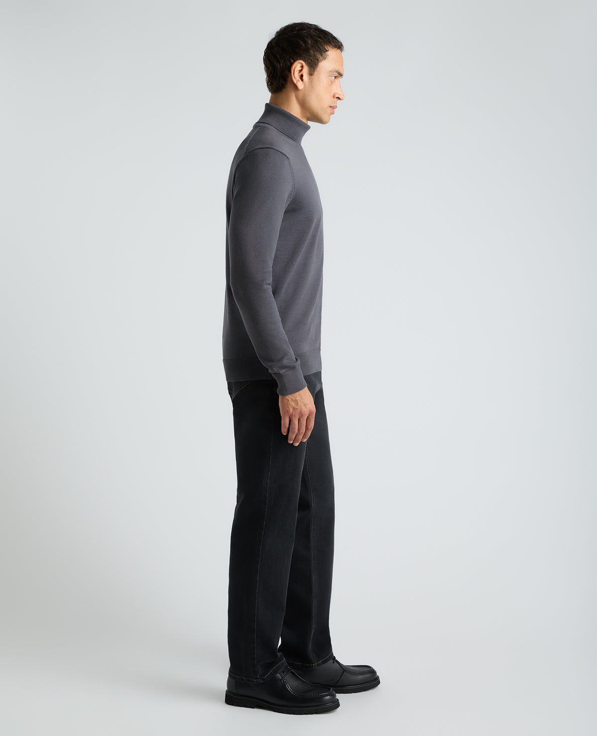 Dark Grey Roll Neck Ribbed Cotton Jumper