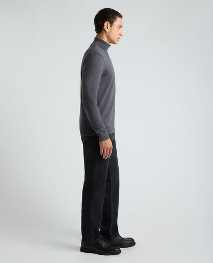Dark Grey Roll Neck Ribbed Cotton Jumper