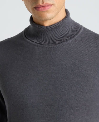 Dark Grey Roll Neck Ribbed Cotton Jumper