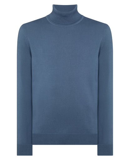 Man wearing a blue Roll Neck Cotton Sweater