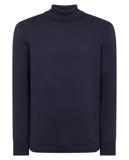 Man wearing a blue Tapered Fit Roll Neck Sweater