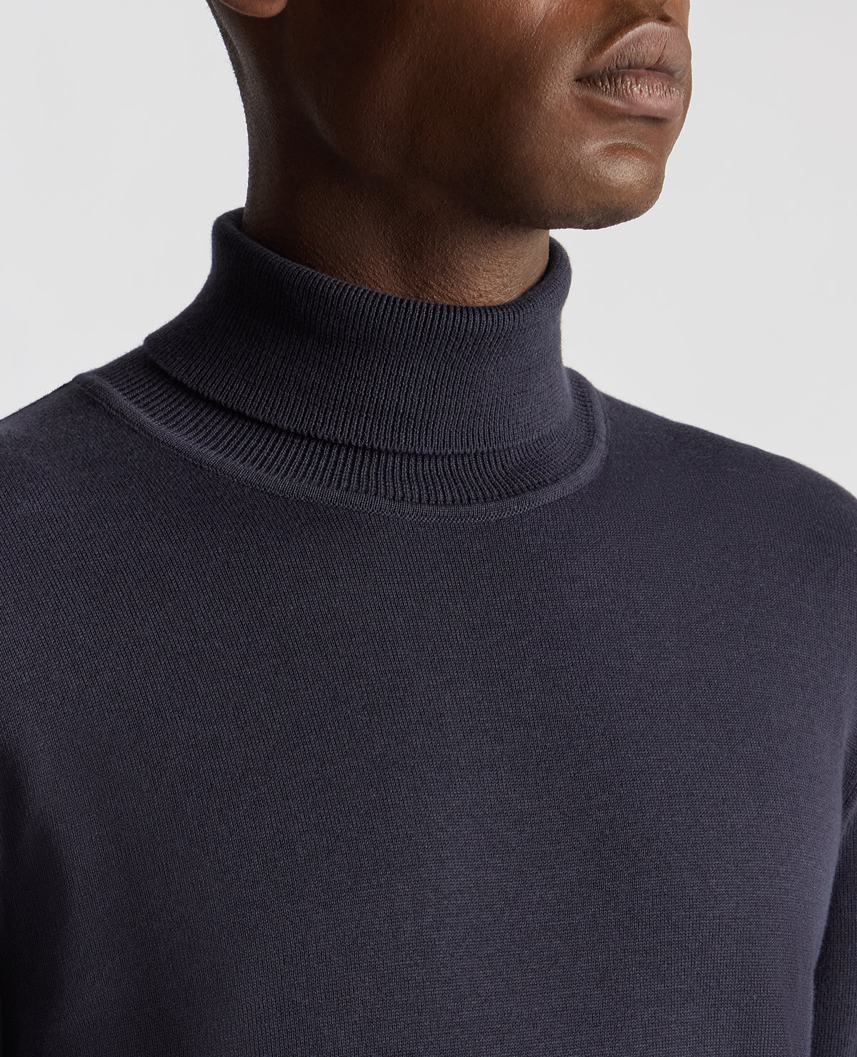 Man wearing a blue Tapered Fit Roll Neck Sweater