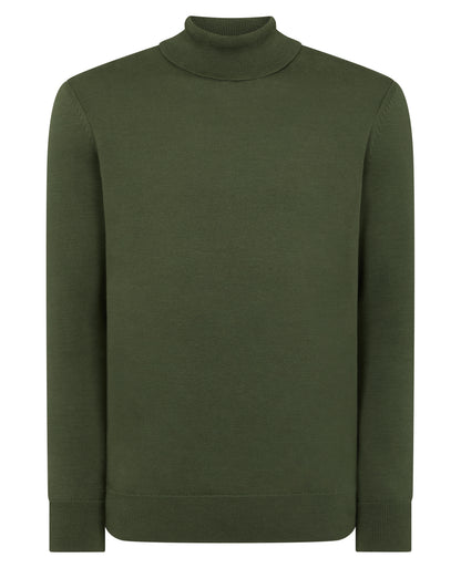 Man wearing a green Tapered Fit Roll Neck Sweater
