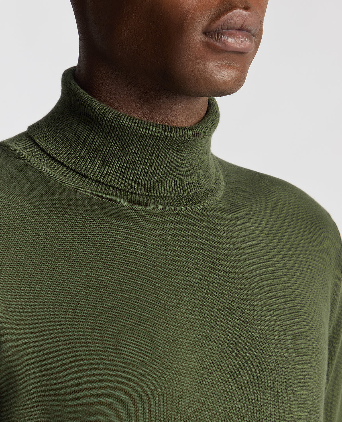 Man wearing a green Tapered Fit Roll Neck Sweater