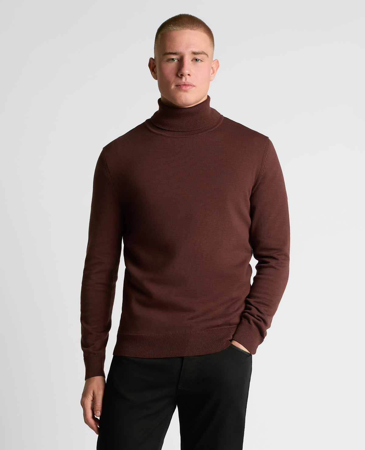 Man wearing a brown Roll Neck Cotton Sweater